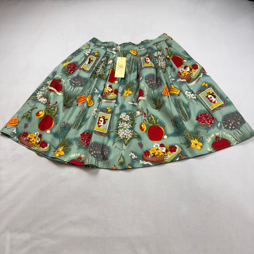 Grace Karin Frida Kahlo Graphic Print Pleated A-Line Skirt Sage Green Large NWT